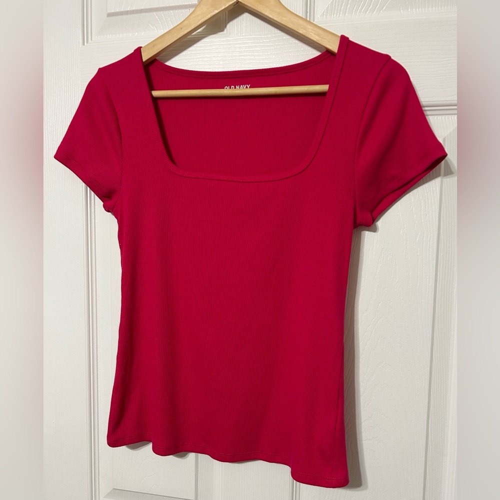 Old Navy Women’s Pink Square Neck Crop Top Ribbed Stretch Knit Pullover Size M
